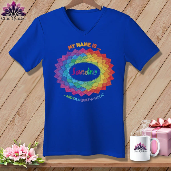 MyDesigns Physical Item S / True Royal Personalized Rainbow Quilt Spiral ~ V-Neck Tee