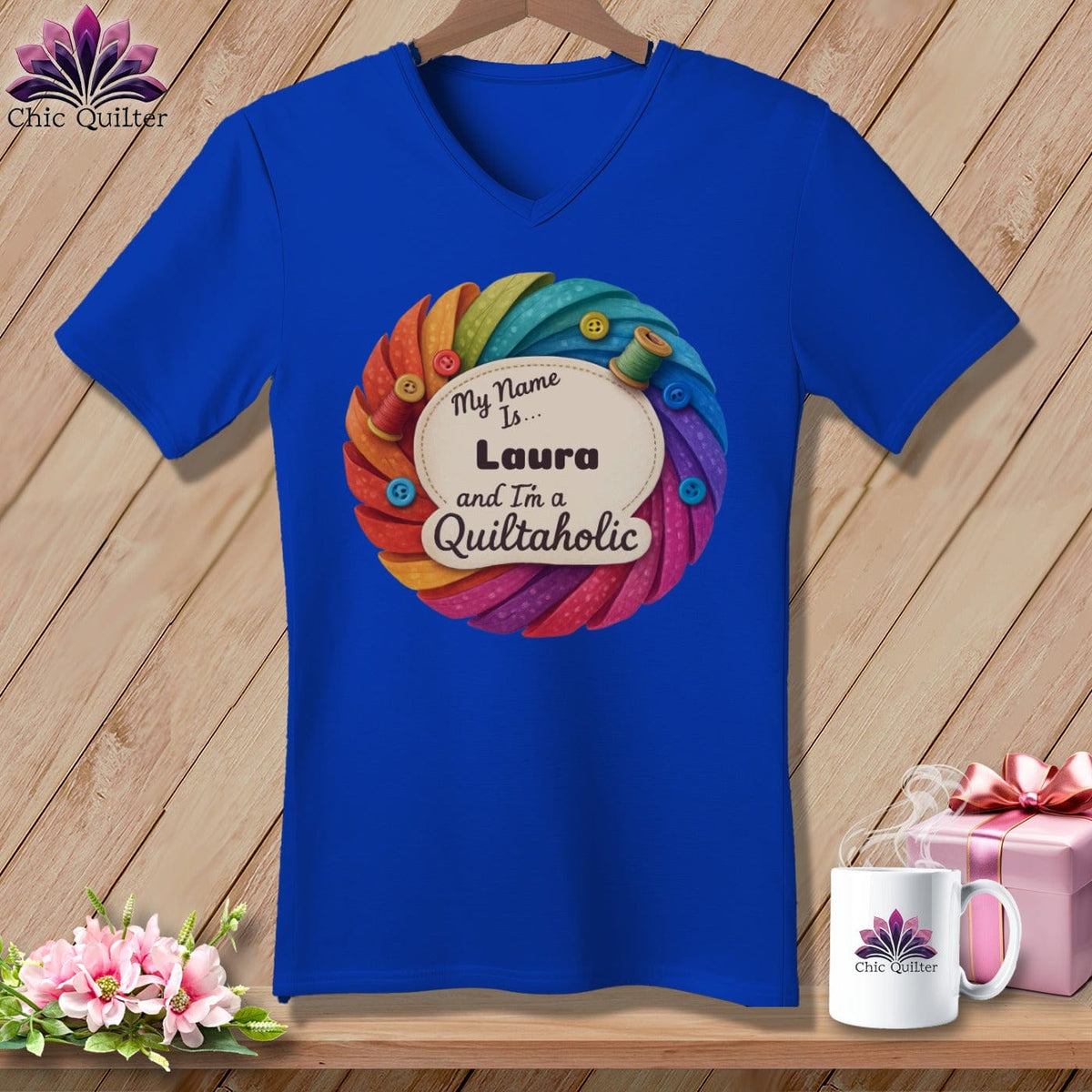 MyDesigns Physical Item S / True Royal Rainbow Personalized Curves & Button Bloom ~ V-Neck Tee