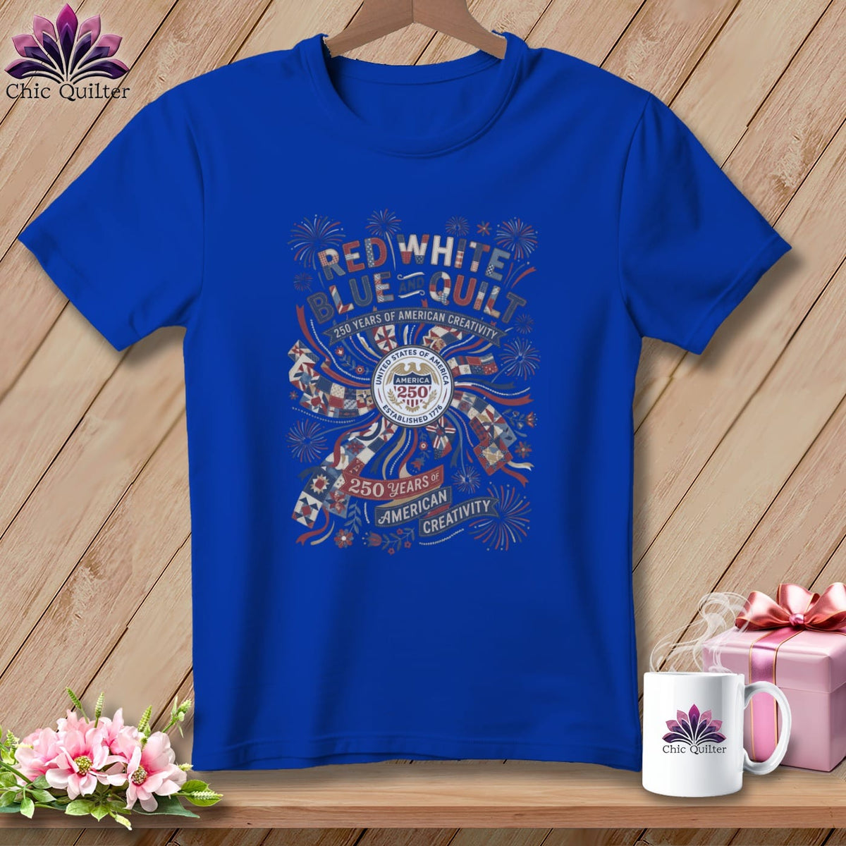 MyDesigns Physical Item S / True Royal Red White Blue and Quilt 250 Years of American Creativity Patriotic Quilte ~ Relaxed Fit Teer Tee