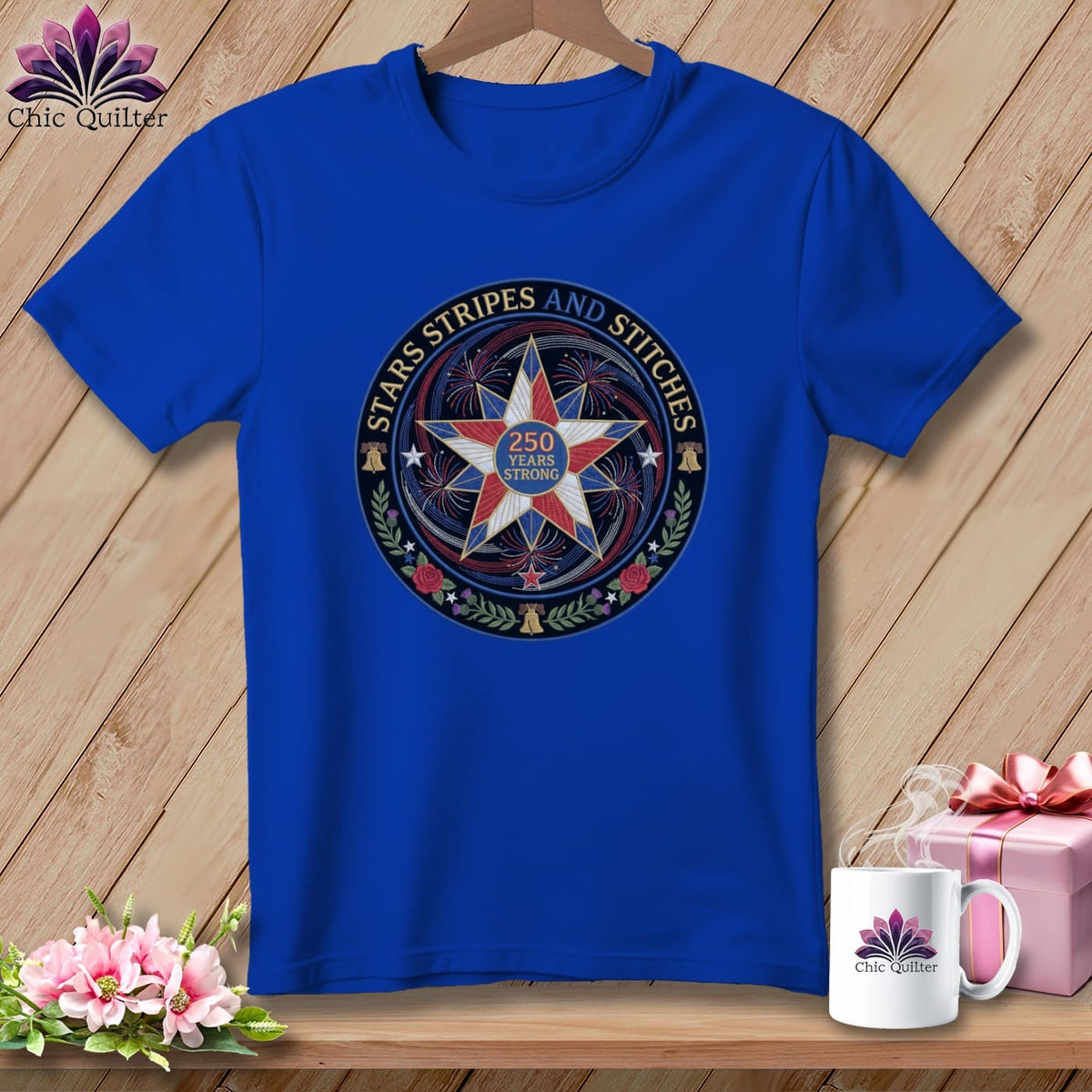 MyDesigns Physical Item S / True Royal Stars Stripes and Stitches 250 Years Strong Quilter ~ Relaxed Fit Tee
