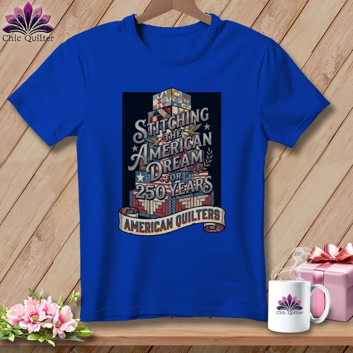 MyDesigns Physical Item S / True Royal Stitching the American Dream for 250 Years Quilter ~ Relaxed Fit Tee
