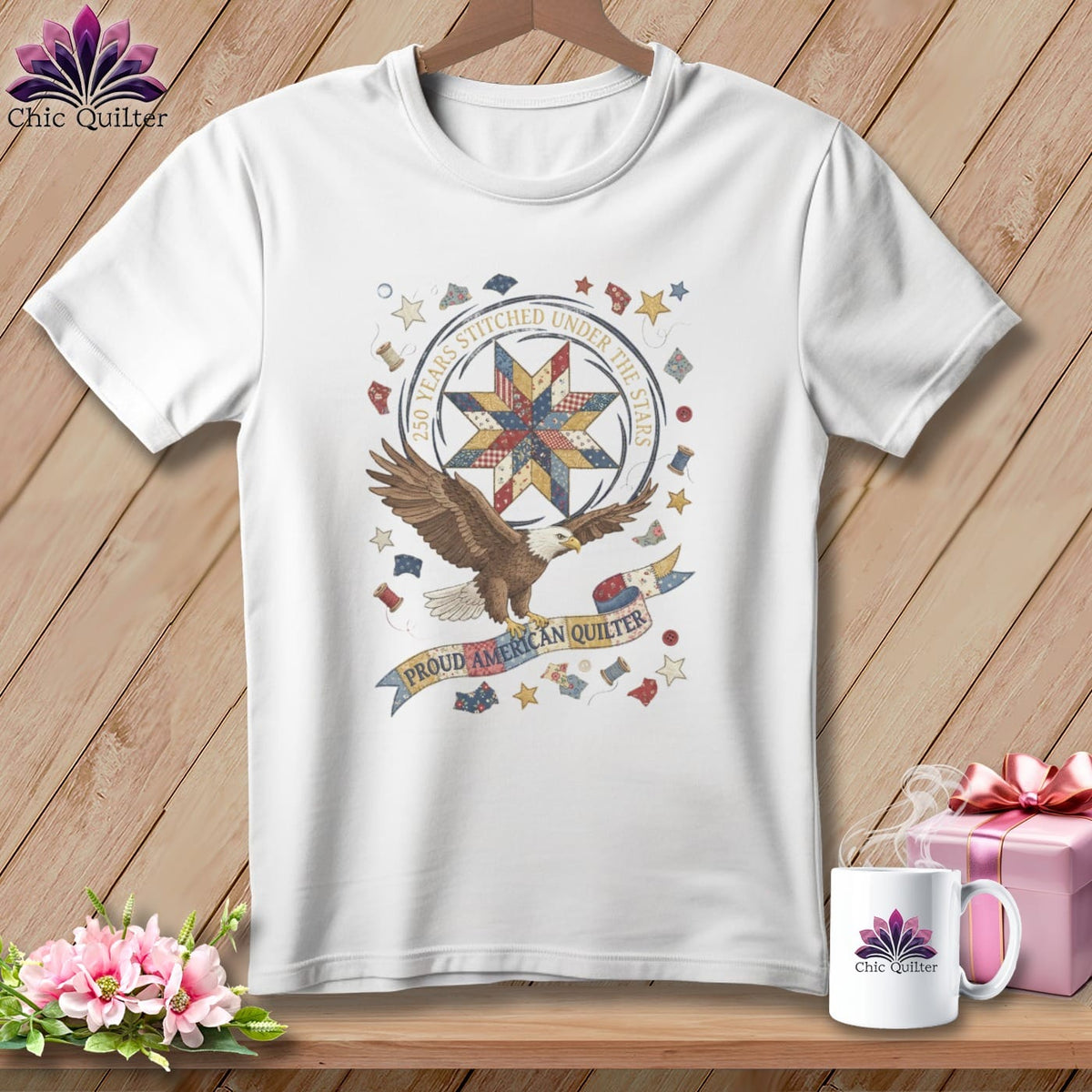MyDesigns Physical Item S / White 250 Years Stitched Under The Stars Proud American Quilter ~ Relaxed Fit Tee