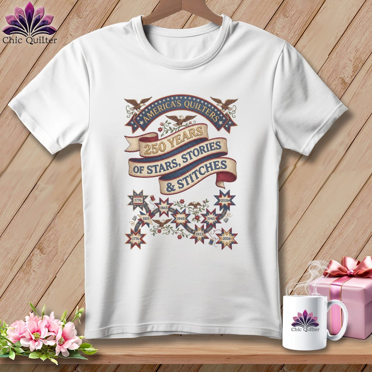 MyDesigns Physical Item S / White America's Quilters 250 Years of Stars Stories & Stitches Patriotic Quilting ~ Relaxed Fit Tee
