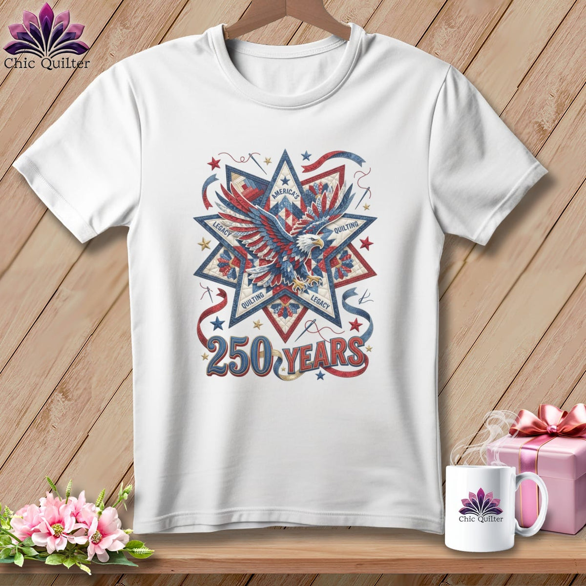 MyDesigns Physical Item S / White America's Quilting Legacy 250 Years Patriotic Quilter ~ Relaxed Fit Tee