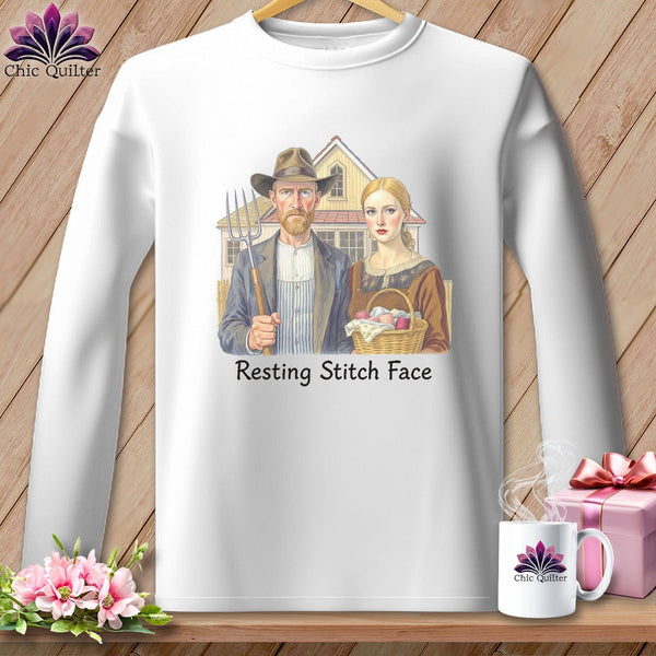 MyDesigns Physical Item S / White American Gothic Seamstress - Resting Stitch Face ~ Long Sleeve Tee