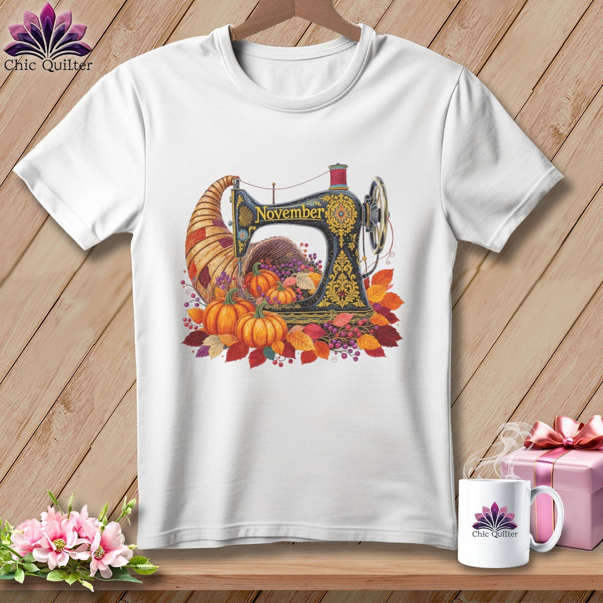 MyDesigns Physical Item S / White Cornucopia Piecer ~ November Design ~ Quilter's Calendar Subscription (October Start) ~ Premium Tee