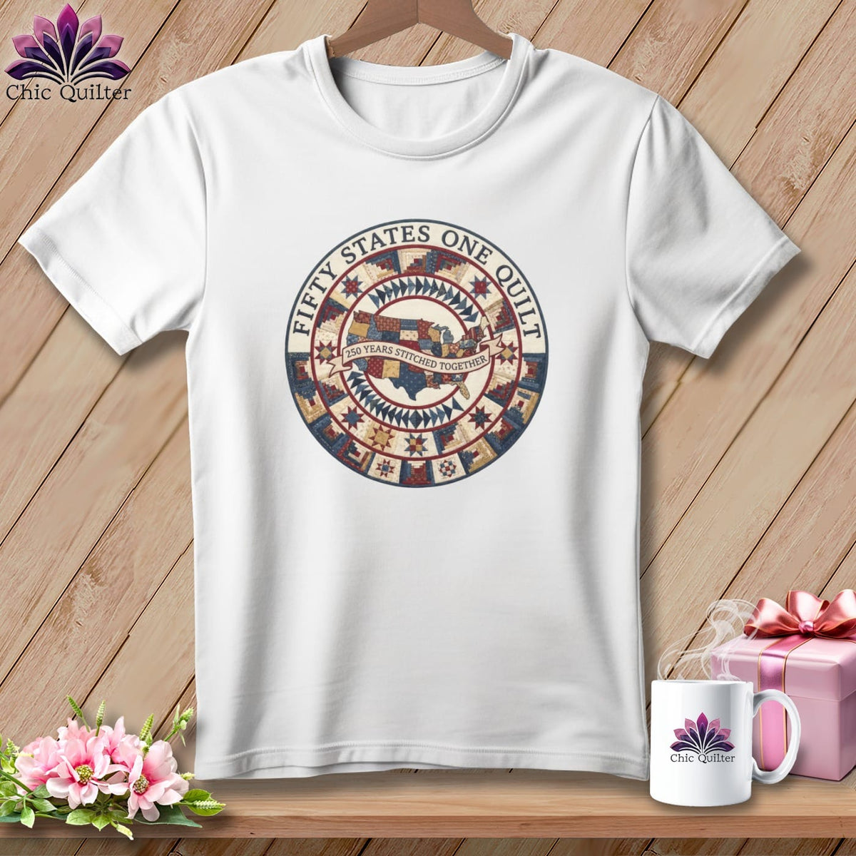 MyDesigns Physical Item S / White Fifty States One Quilt ~ 250 Years Stitched Together Quilter ~ Relaxed Fit Tee