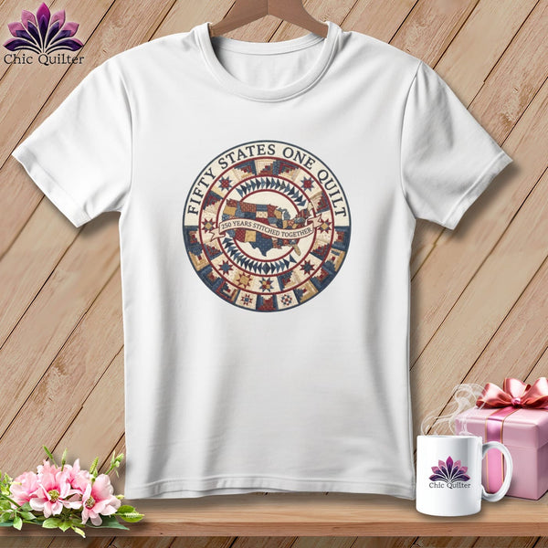 MyDesigns Physical Item S / White Fifty States One Quilt ~ 250 Years Stitched Together Quilter ~ Relaxed Fit Tee