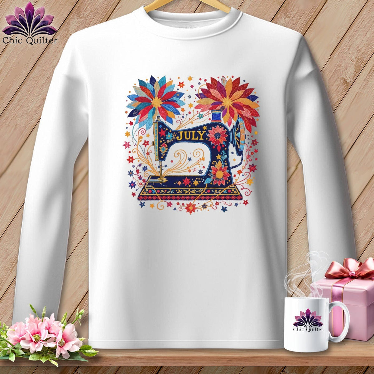 MyDesigns Physical Item S / White Fireworks Starbloom ~ July Design ~ Quilter's Calendar Subscription (June Start) ~ Premium Long Sleeve Tee