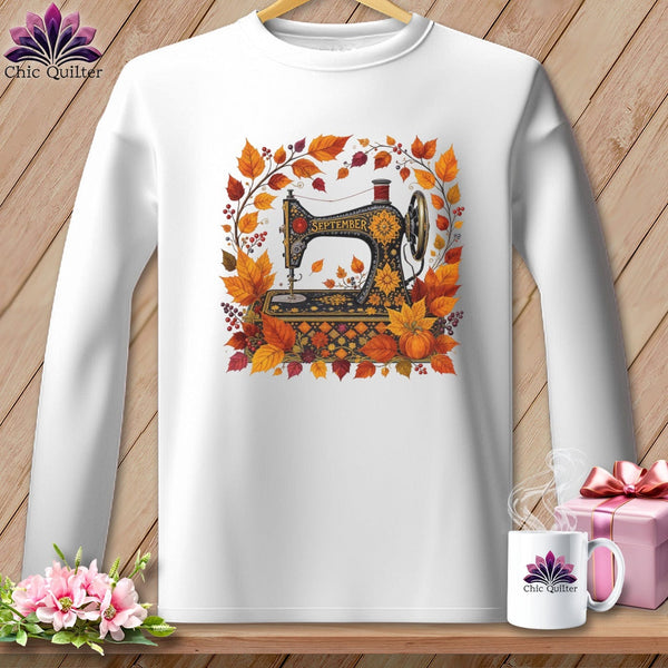 MyDesigns Physical Item S / White Harvest Patchwork ~ September Design ~ Quilter's Calendar Subscription (August Start) ~ Premium Long Sleeve Tee