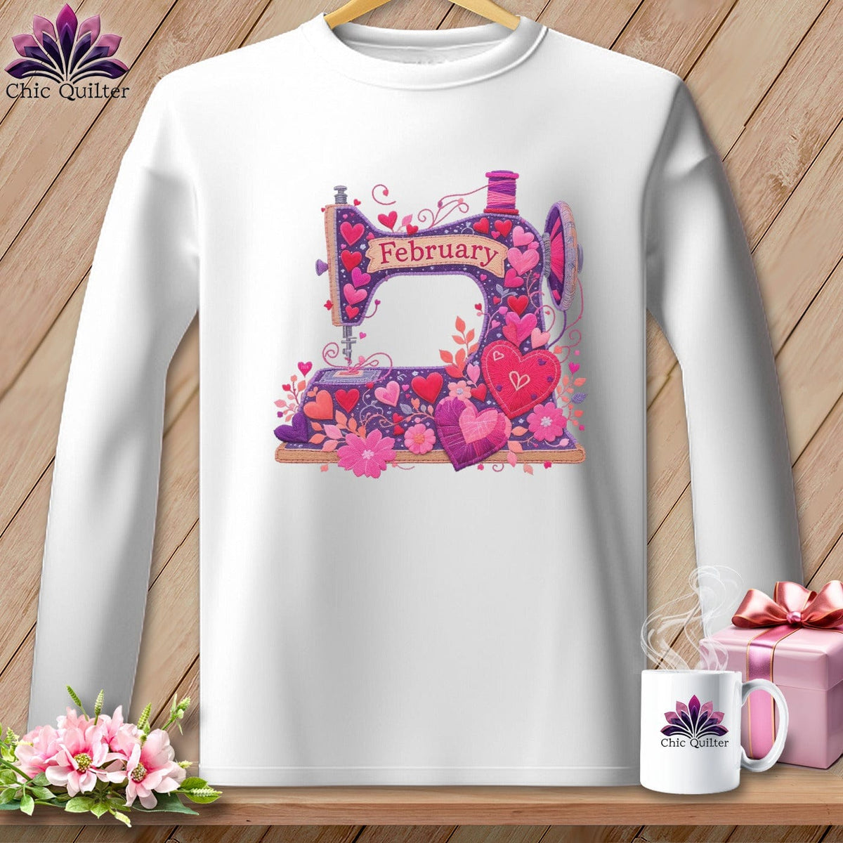 MyDesigns Physical Item S / White Heartfelt Stitching ~ February Design ~ Quilter's Calendar Subscription (January Start) ~ Premium Long Sleeve Tee