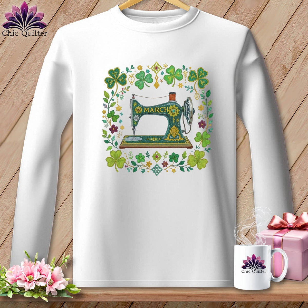 MyDesigns Physical Item S / White Lucky Shamrock ~ March Design ~ Quilter's Calendar Subscription (February Start) ~ Premium Long Sleeve Tee