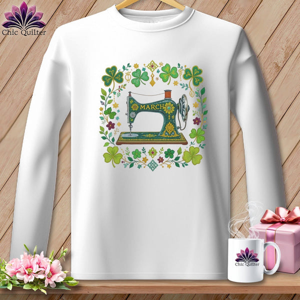 MyDesigns Physical Item S / White Lucky Shamrock ~ March Design ~ Quilter's Calendar Subscription (February Start) ~ Premium Long Sleeve Tee