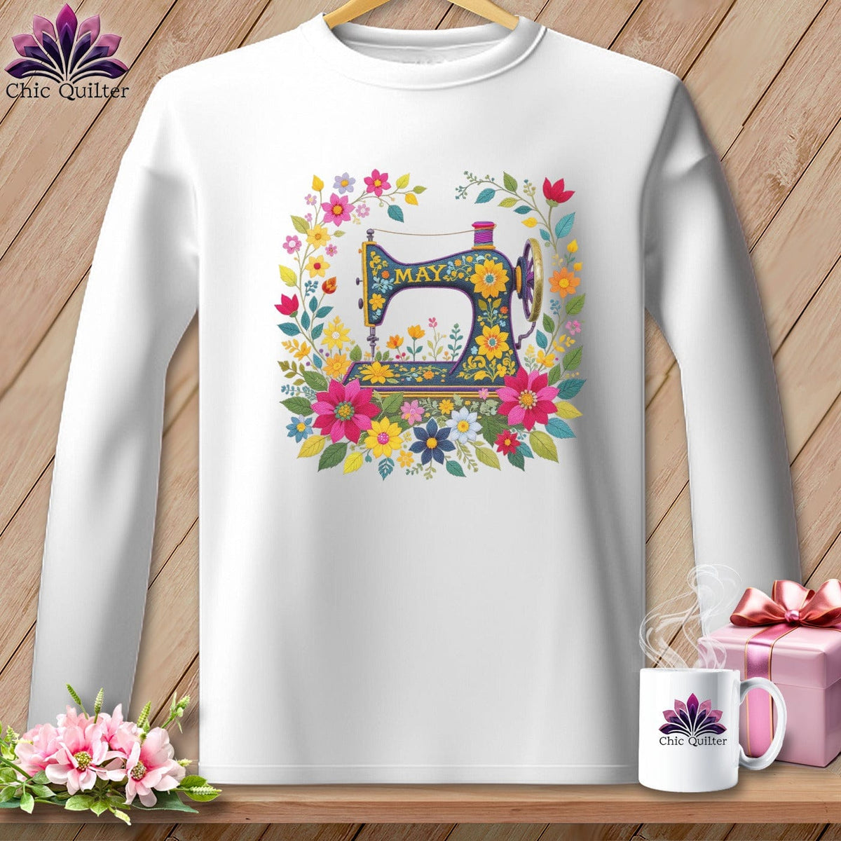 MyDesigns Physical Item S / White Meadow Bloom ~ May Design ~ Quilter's Calendar Subscription (April Start) ~ Premium Long Sleeve Tee