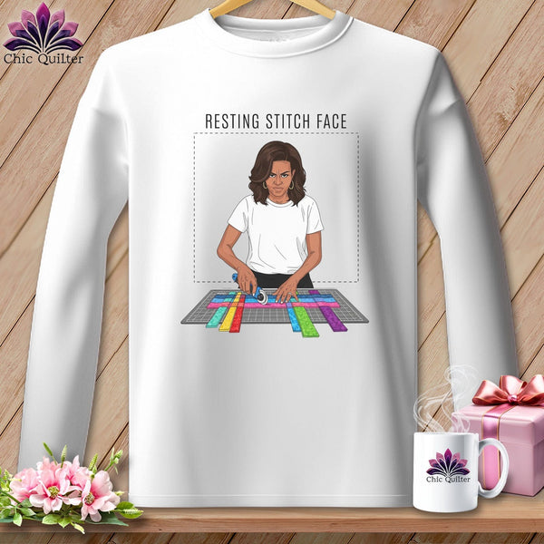MyDesigns Physical Item S / White Mich Sew - Resting Stitch Face ~ Long Sleeve Tee