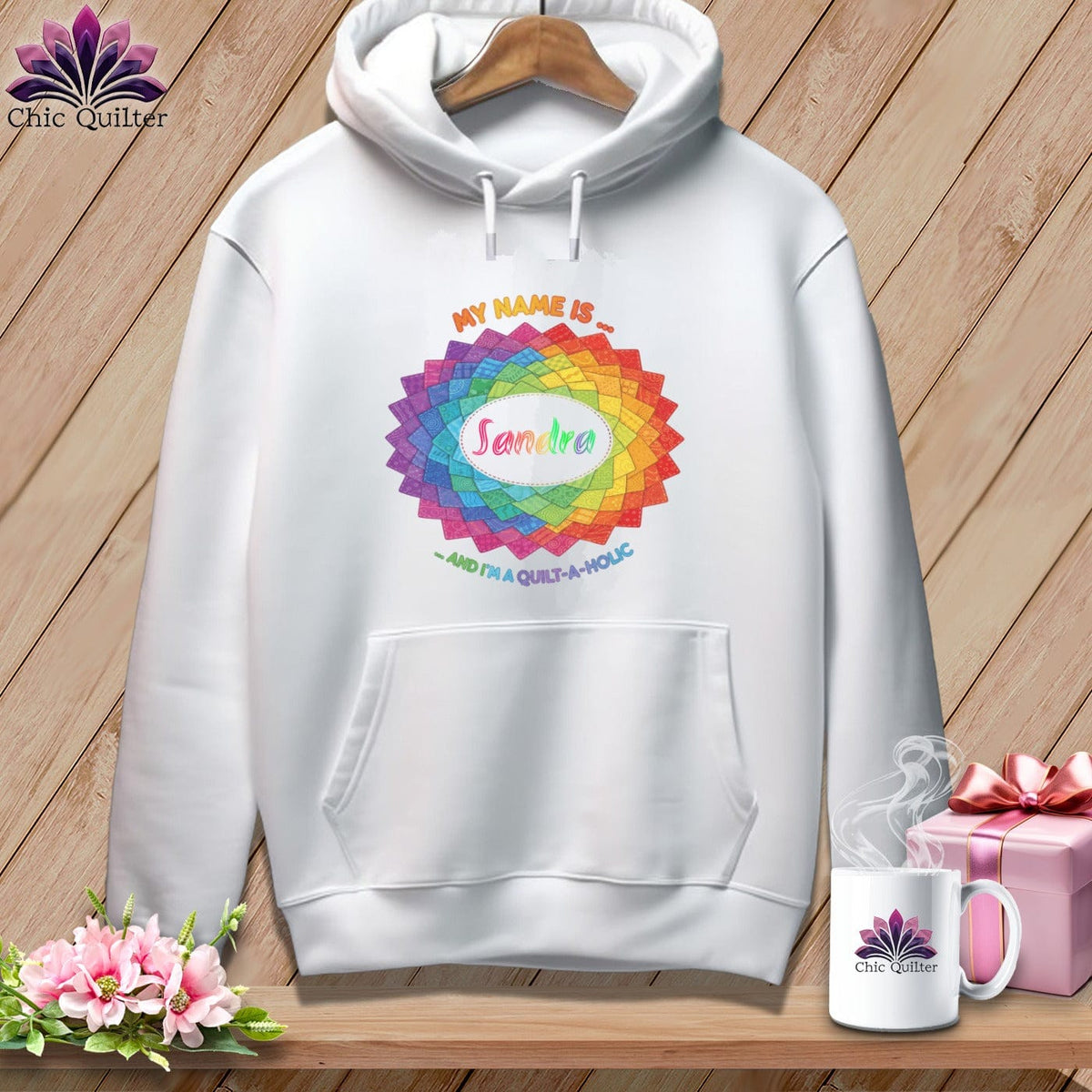 MyDesigns Physical Item S / White Personalized Rainbow Quilt Spiral ~ Premium Hoodie
