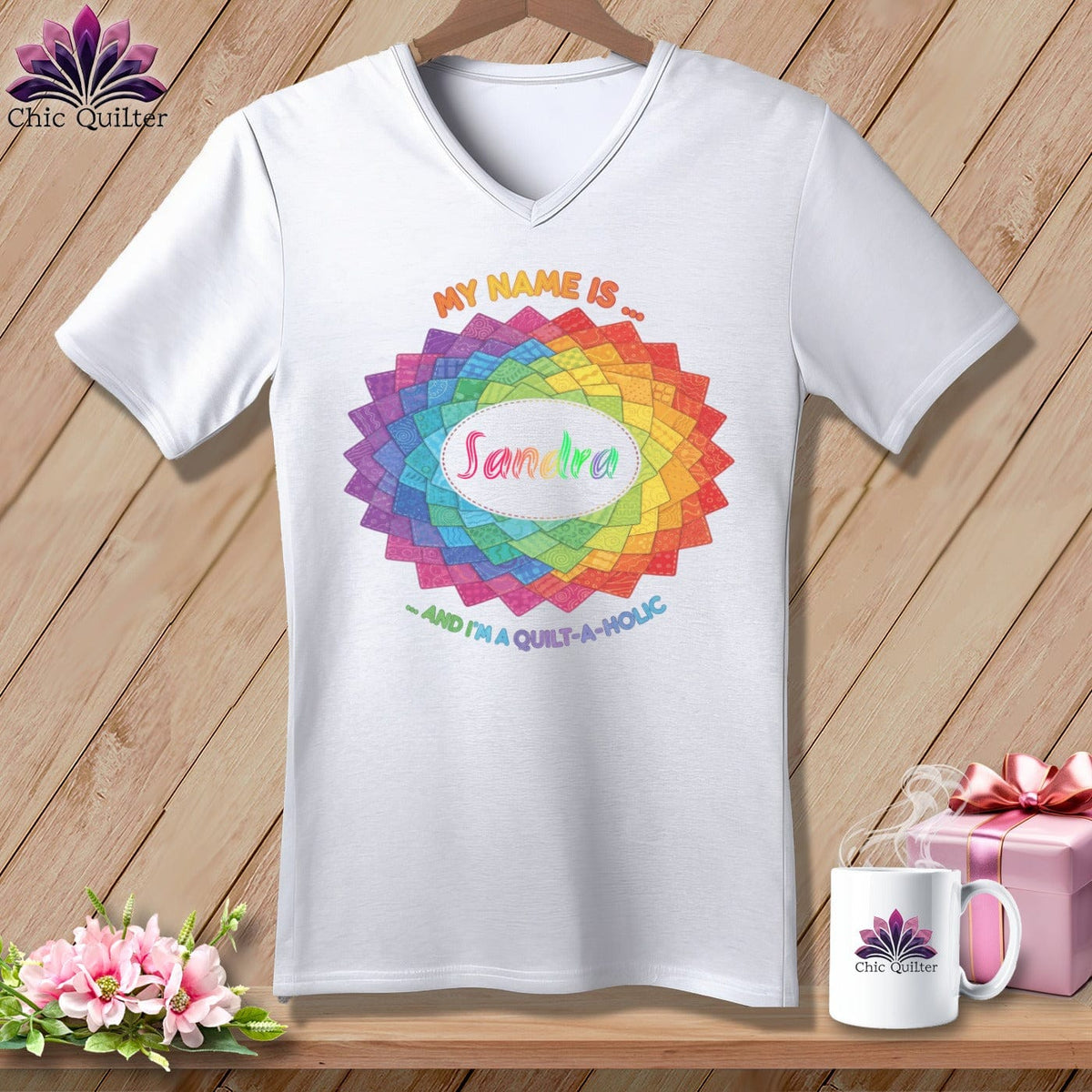 MyDesigns Physical Item S / White Personalized Rainbow Quilt Spiral ~ V-Neck Tee