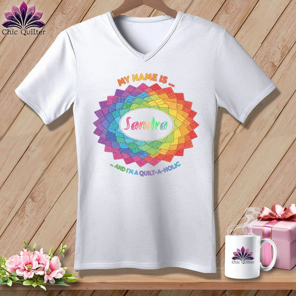 MyDesigns Physical Item S / White Personalized Rainbow Quilt Spiral ~ V-Neck Tee