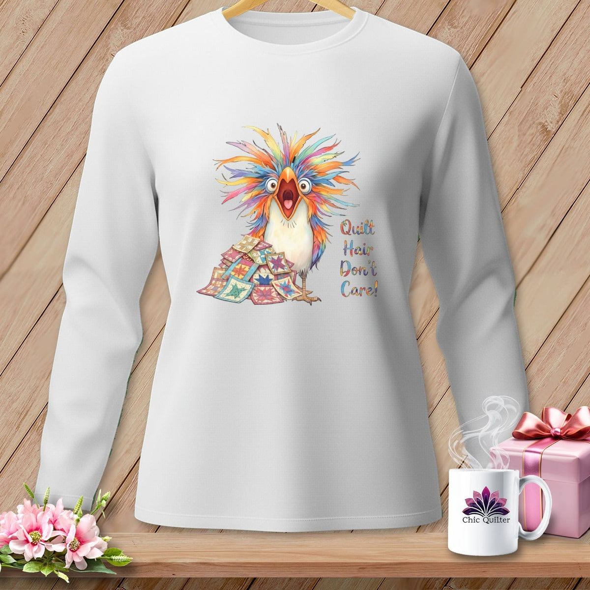 MyDesigns Physical Item S / White Quilt Hair Don’t Care ~ Chaos Finch ~ Long Sleeve Tee