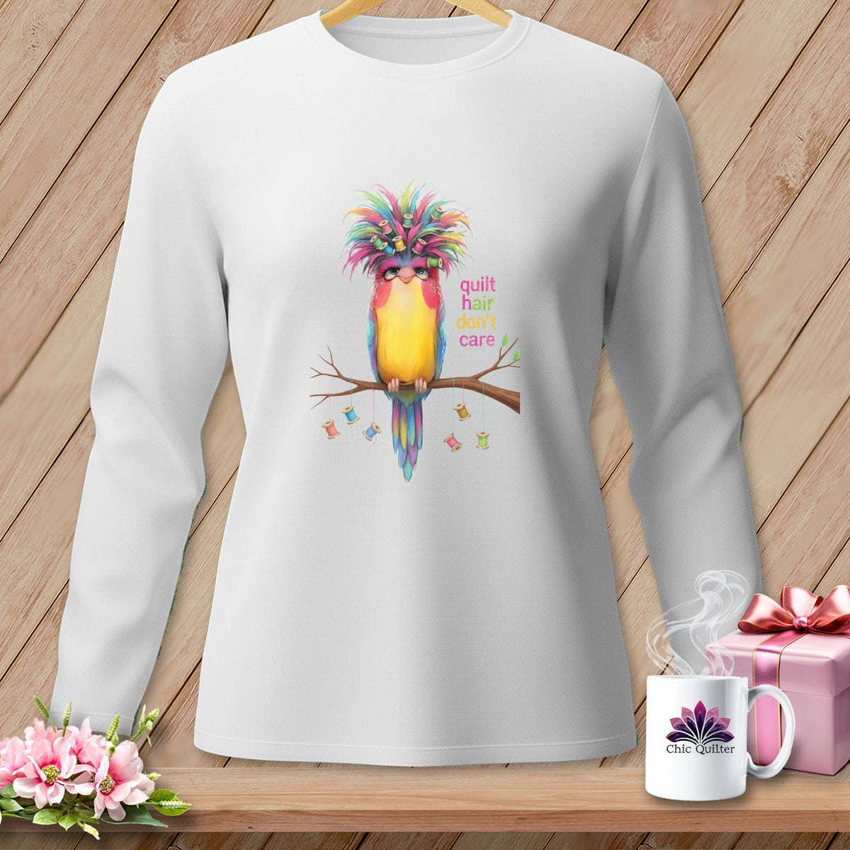 MyDesigns Physical Item S / White Quilt Hair Don’t Care ~ Curlene Spoolworth ~ Long Sleeve Tee
