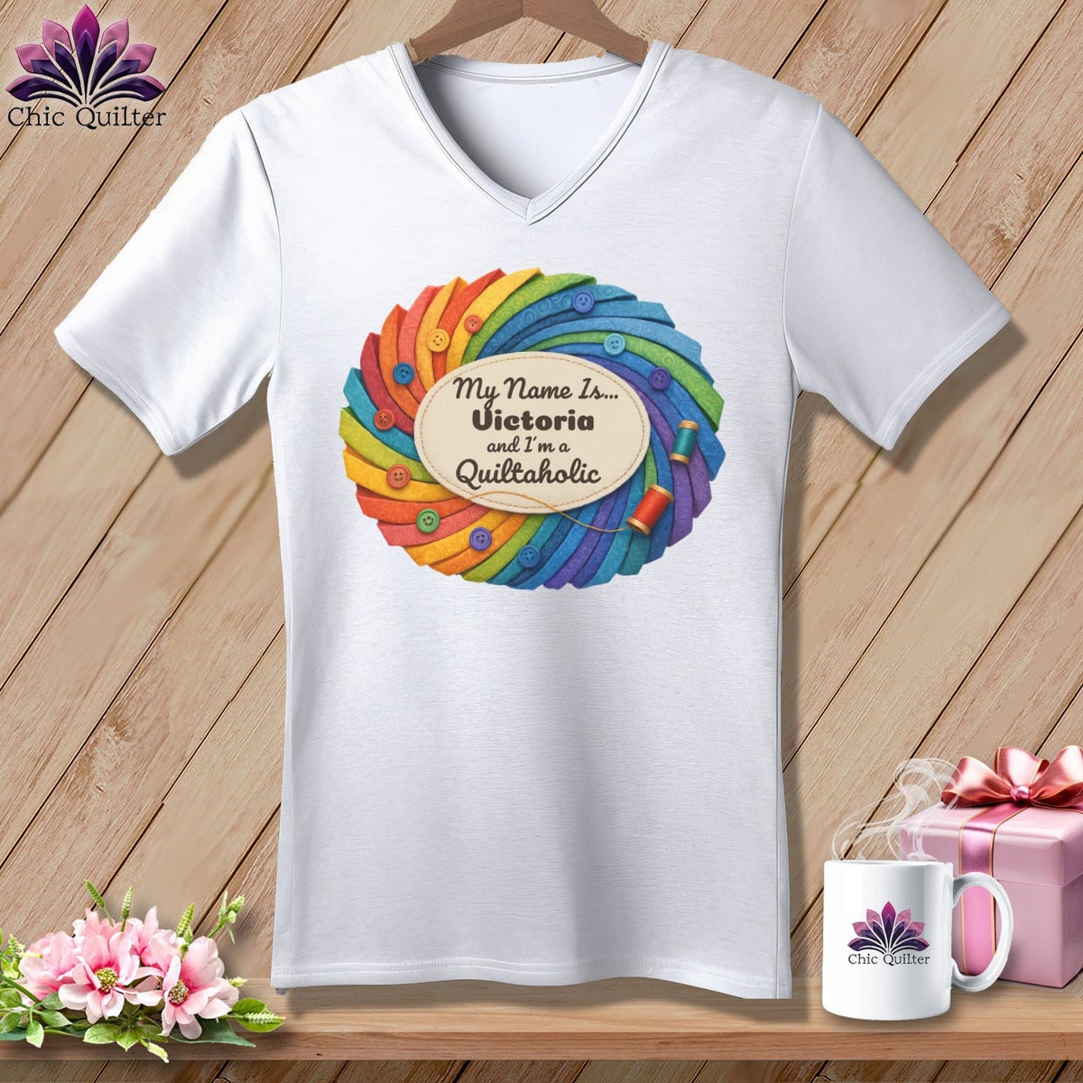 MyDesigns Physical Item S / White Quilter’s Personalized Whirl ~ V-Neck Tee