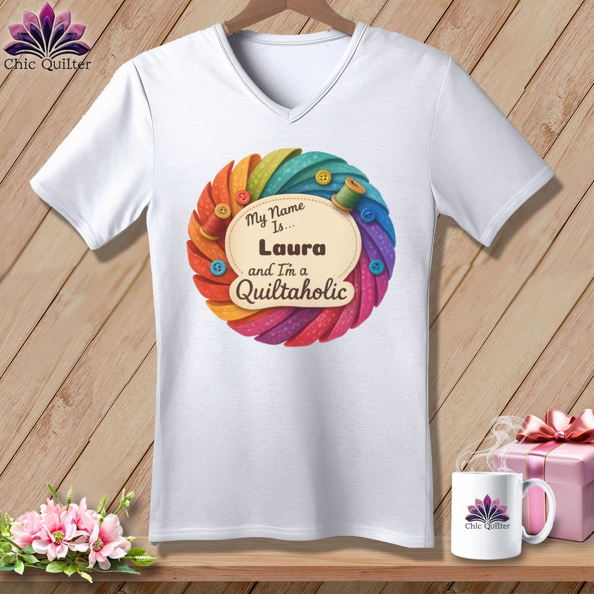 MyDesigns Physical Item S / White Rainbow Personalized Curves & Button Bloom ~ V-Neck Tee