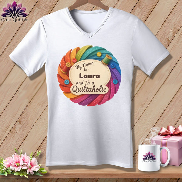 MyDesigns Physical Item S / White Rainbow Personalized Curves & Button Bloom ~ V-Neck Tee
