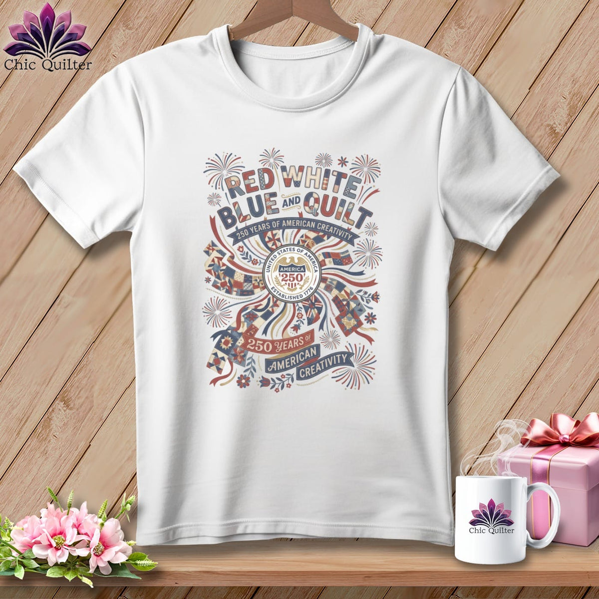 MyDesigns Physical Item S / White Red White Blue and Quilt 250 Years of American Creativity Patriotic Quilte ~ Relaxed Fit Teer Tee