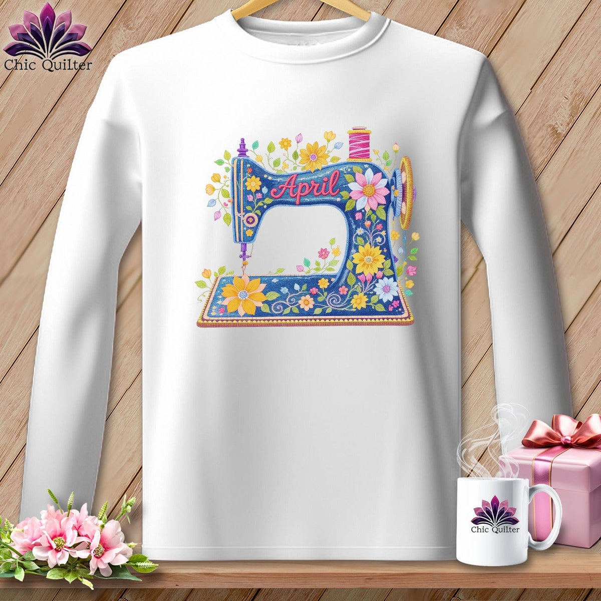 MyDesigns Physical Item S / White Spring Blossom ~ April Design ~ Quilter's Calendar Subscription (March Start) ~ Premium Long Sleeve Tee