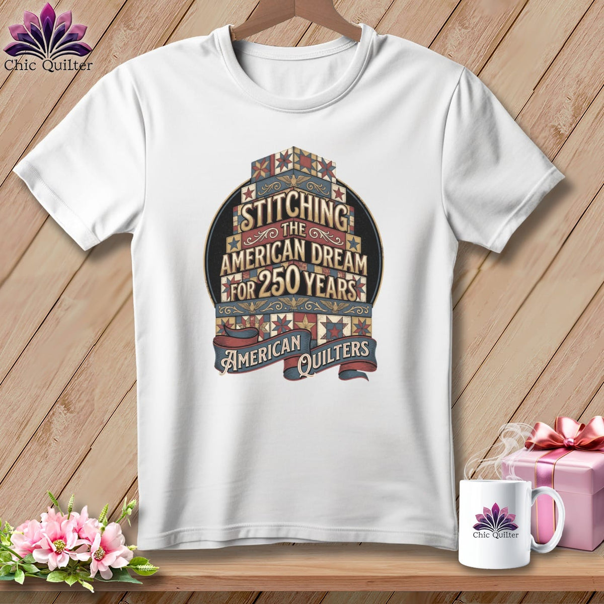 MyDesigns Physical Item S / White Stitching the American Dream for 250 Years American Quilters ~ Relaxed Fit Tee