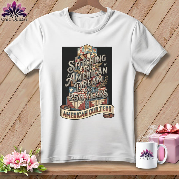 MyDesigns Physical Item S / White Stitching the American Dream for 250 Years Quilter ~ Relaxed Fit Tee