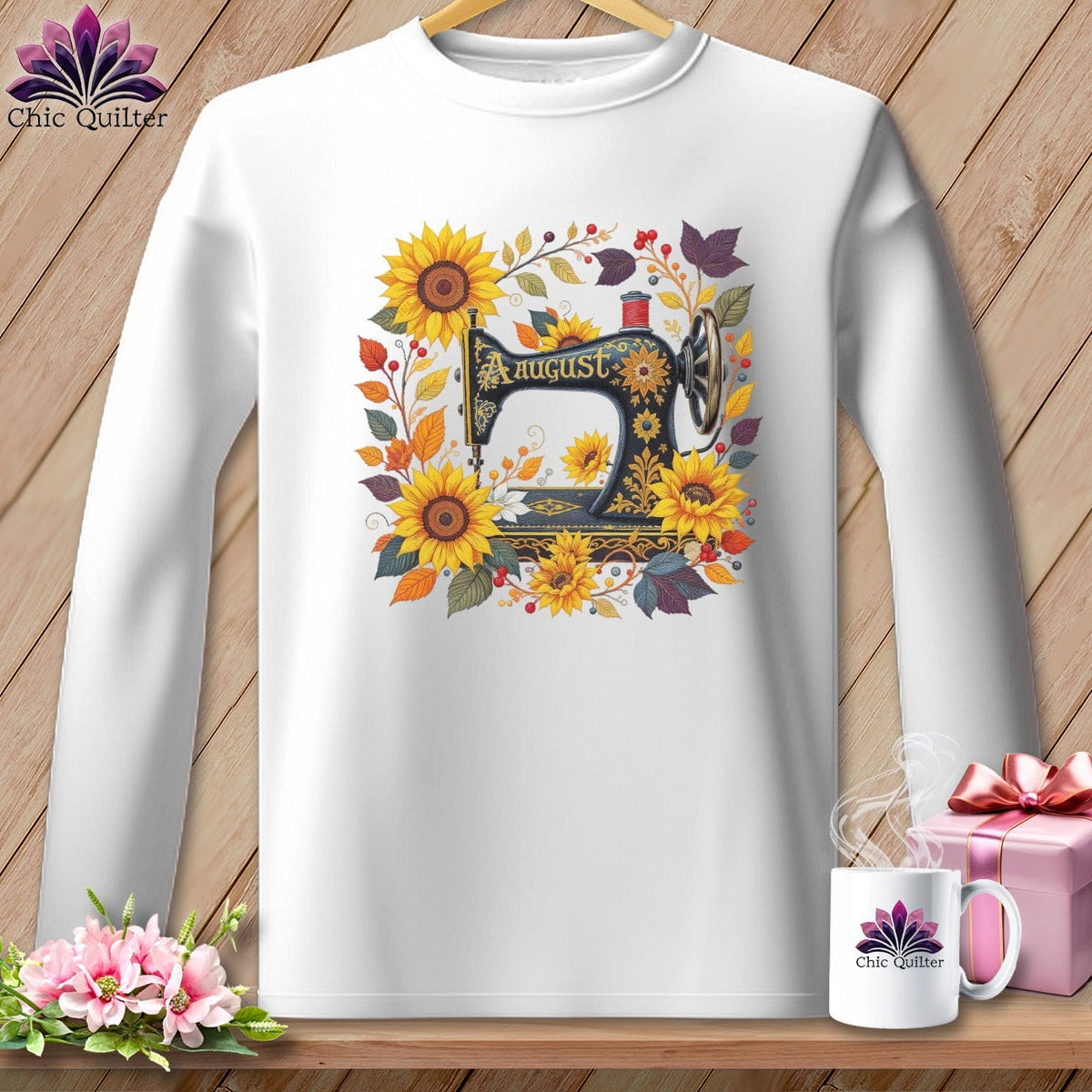 MyDesigns Physical Item S / White Sunlit Garden ~ August Design ~ Quilter's Calendar Subscription (July Start) ~ Premium Long Sleeve Tee