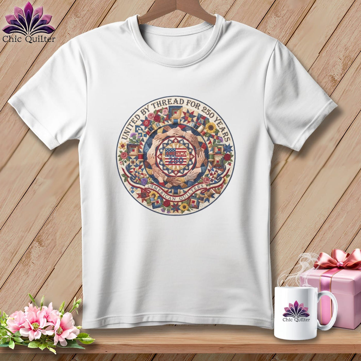 MyDesigns Physical Item S / White United By Thread For 250 Years American Quilters America 250 ~ Relaxed Fit Tee