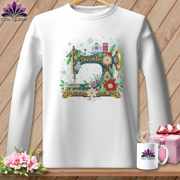 MyDesigns Physical Item S / White Winter Garland ~ December Design ~ Quilter's Calendar Subscription (November Start) ~ Premium Long Sleeve Tee