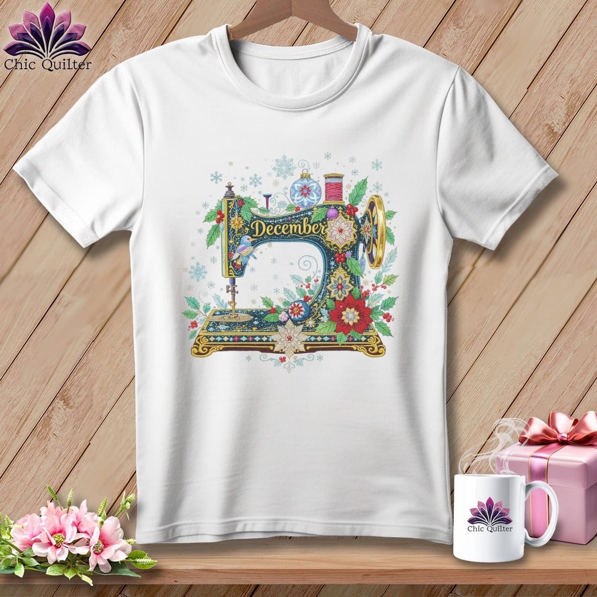 MyDesigns Physical Item S / White Winter Garland ~ December Design ~ Quilter's Calendar Subscription (November Start) ~ Premium Tee