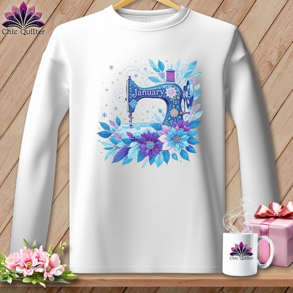 MyDesigns Physical Item S / White Winter Whimsy ~ January Design ~ Quilter's Calendar Subscription (December Start) ~ Premium Long Sleeve Tee