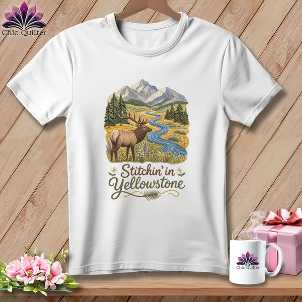 MyDesigns Physical Item S / White Yellowstone National Park ~ Elk, Stitchin in ~ Relaxed Fit Tee