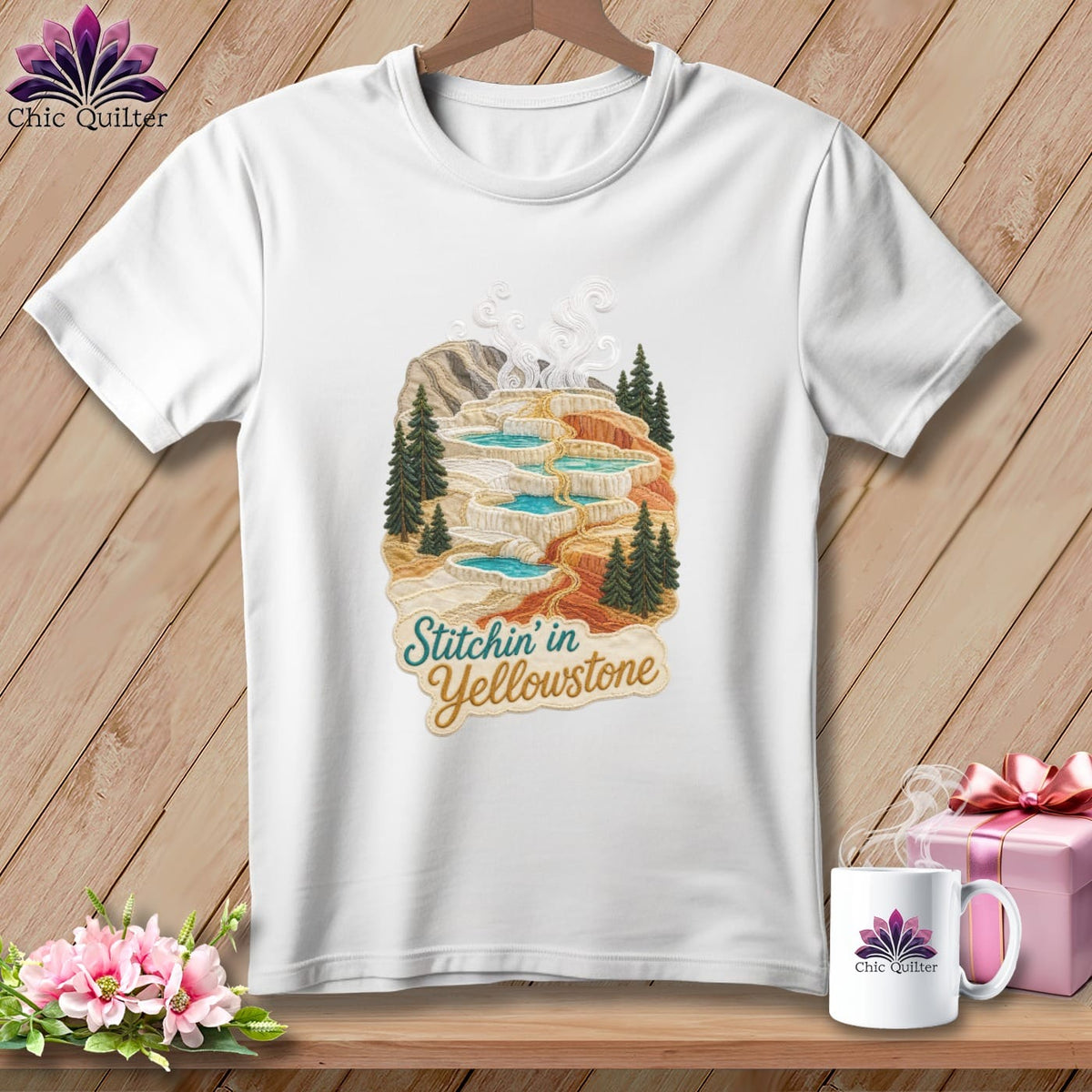 MyDesigns Physical Item S / White Yellowstone National Park ~ Hot Springs Pools, Stitchin in ~ Relaxed Fit Tee