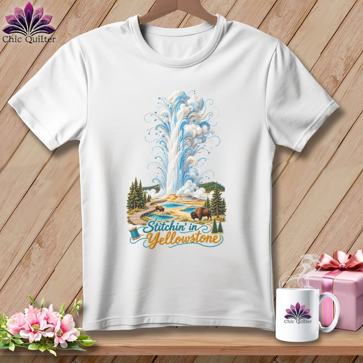 MyDesigns Physical Item S / White Yellowstone National Park ~ Old Faithful, Stitchin in ~ Relaxed Fit Tee
