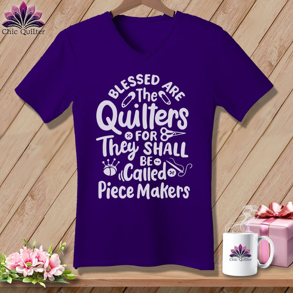 MyDesigns Physical Item Team Purple / S Blessed Are the Quilters For They Shall Be Called Piece Makers ~SuperSoft V-Neck Tee