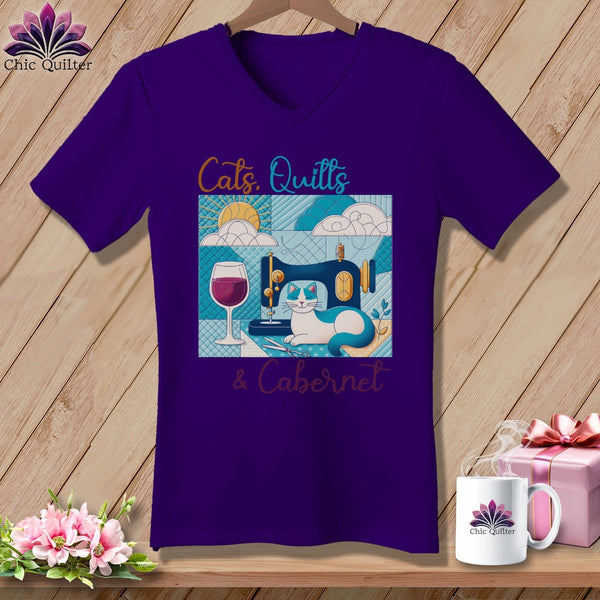 MyDesigns Physical Item Team Purple / S Cats Quilts and Cabernet ~ SuperSoft V-Neck Tee