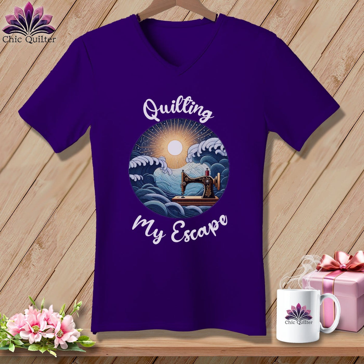 MyDesigns Physical Item Team Purple / S Quilting My Escape - Dark ~ SuperSoft V-Neck Tee