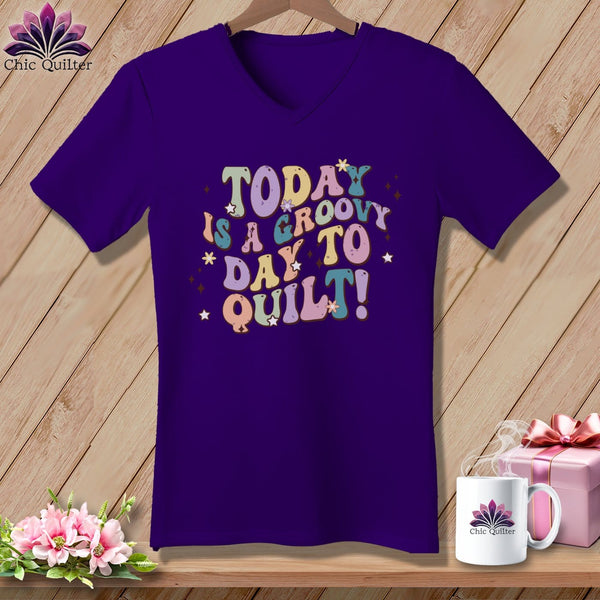 MyDesigns Physical Item Team Purple / S Today is a Groovy Day to Quilt ~ SuperSoft V-Neck Tee