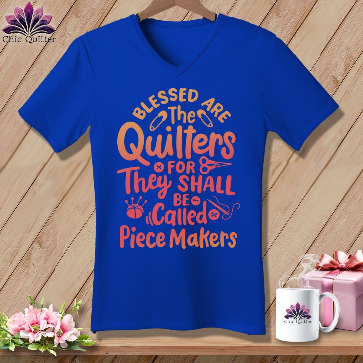 MyDesigns Physical Item True Royal / S Blessed Are the Quilters For They Shall Be Called Piece Makers ~SuperSoft V-Neck Tee