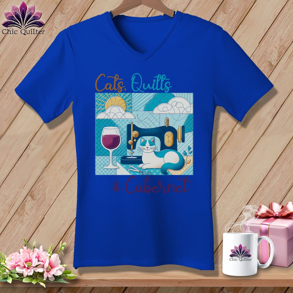 MyDesigns Physical Item True Royal / S Cats Quilts and Cabernet ~ SuperSoft V-Neck Tee