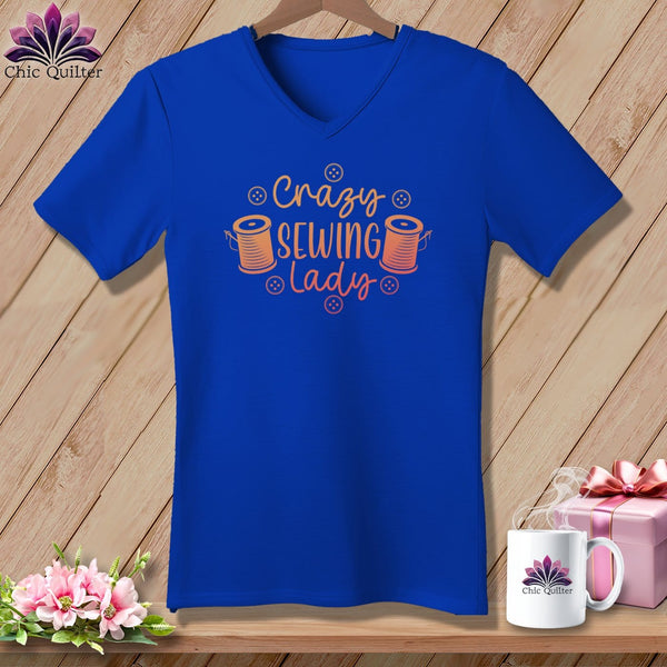 MyDesigns Physical Item True Royal / S Crazy sewing lady ~SuperSoft V-Neck Tee