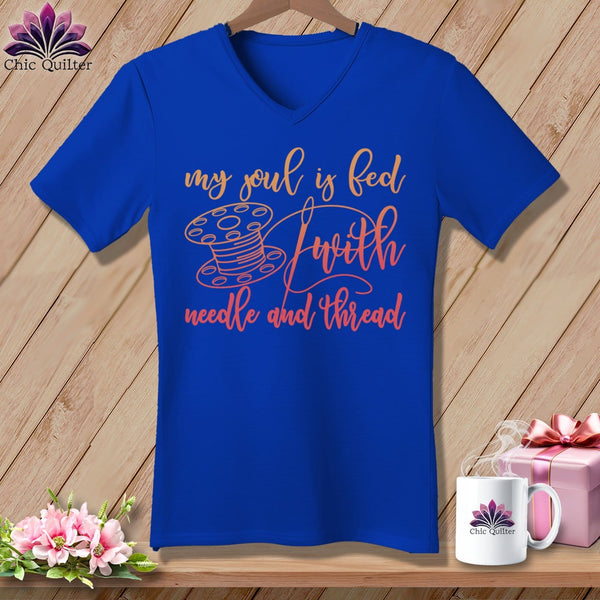 MyDesigns Physical Item True Royal / S My soul is fed with a needle and thread ~SuperSoft V-Neck Tee