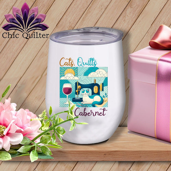 MyDesigns Physical Item White / 12 oz Cats Quilts and Cabernet ~ 12oz Wine Tumbler with Lid