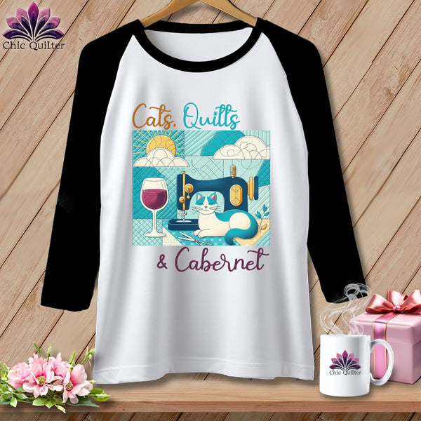 MyDesigns Physical Item White/Black / S Cats Quilts and Cabernet ~ Raglan 3/4 Sleeve Tee