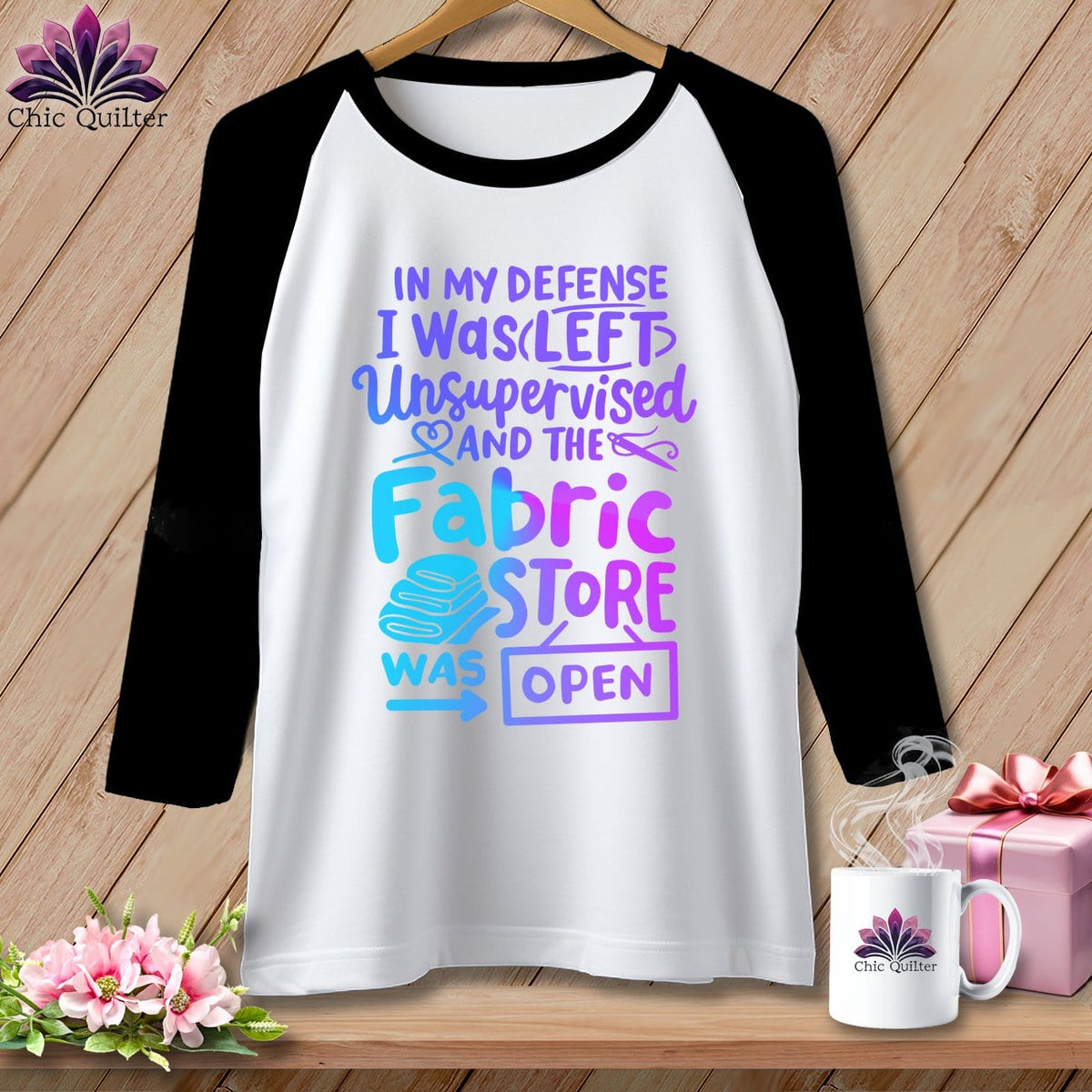 MyDesigns Physical Item White/Black / S In My Defence I Was Left Unsupervised and the Fabric Store was Open ~ Raglan 3/4 Sleeve Tee